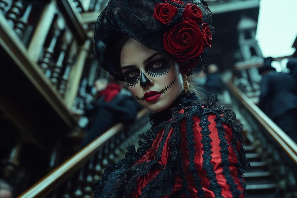 sugar skull, costume, woman, la catrina, gothic steampunk, dark fusion art, day of the dead, dia de los muertos